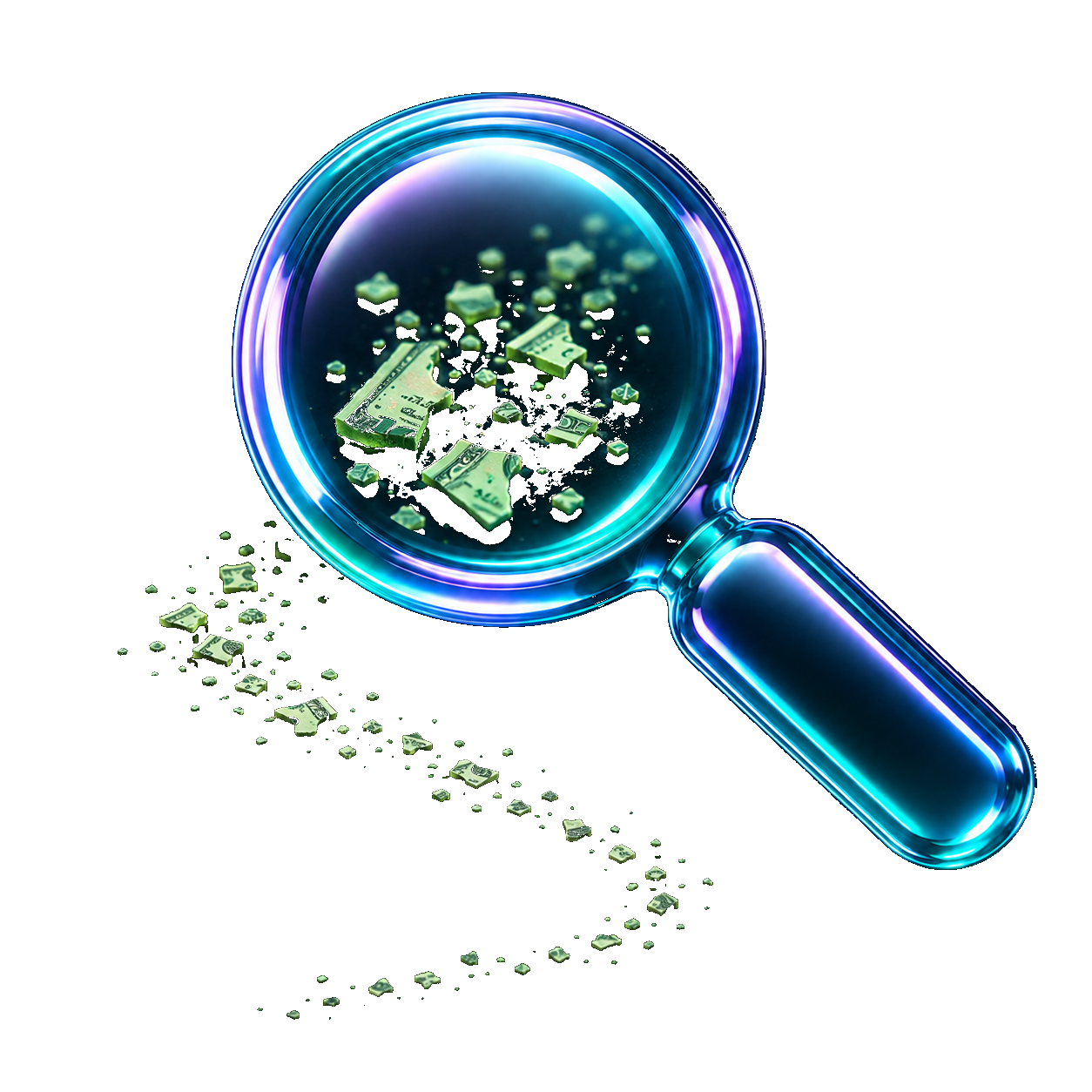 An iridescent chrome glass magnifying glass, representing a closer look at the market